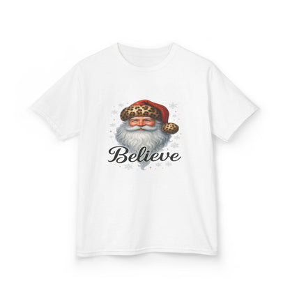 Leopard Print Santa 'Believe' Kids Christmas Tee