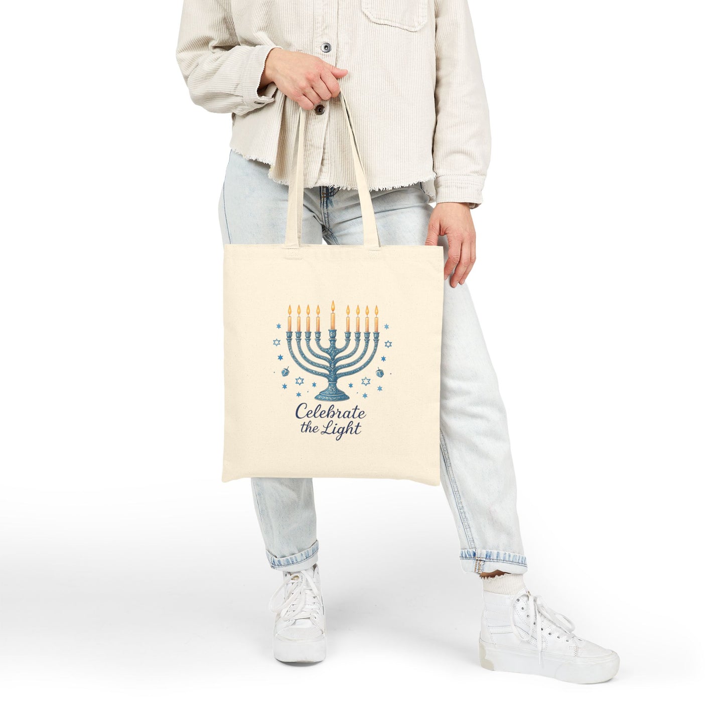 Hanukkah Menorah Tote Bag – "Celebrate the Light" Cotton Canvas Shopper