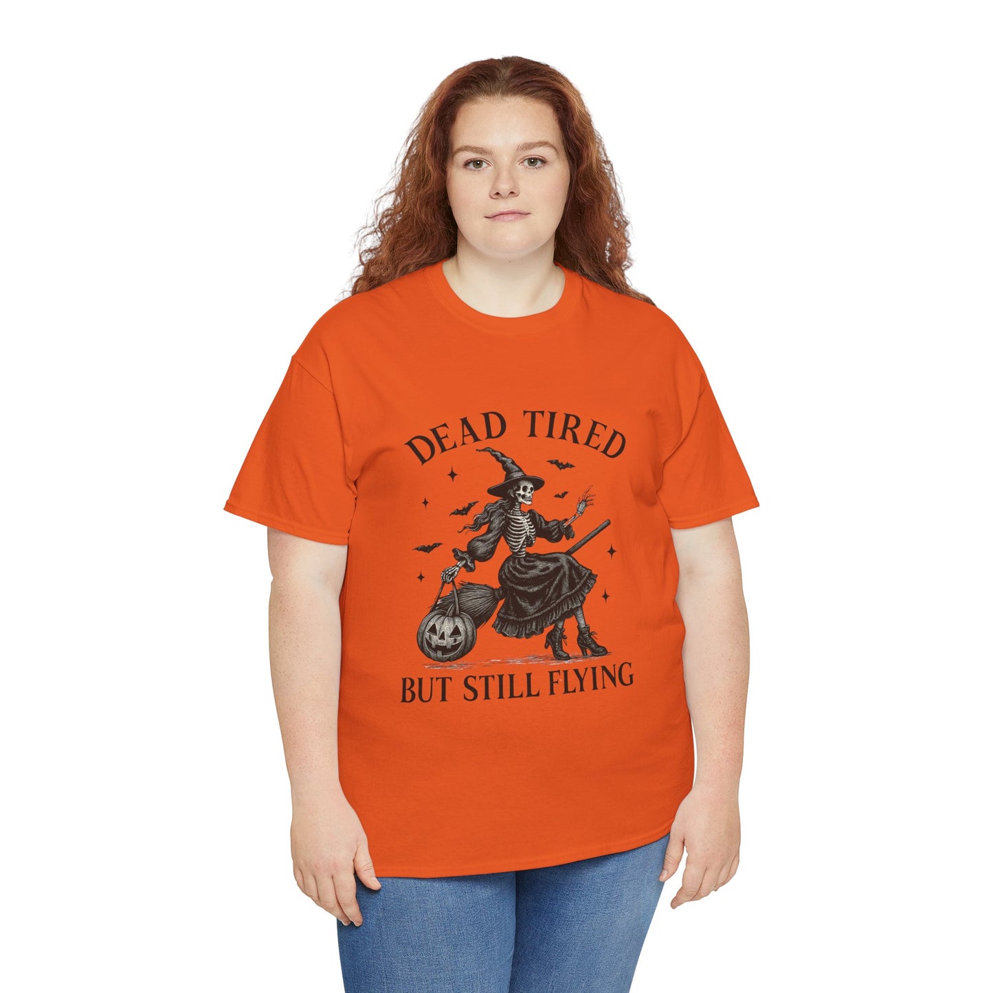Dead Tired But Flying Skeleton Witch Halloween Tee