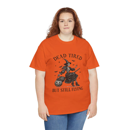 Dead Tired But Flying Skeleton Witch Halloween Tee