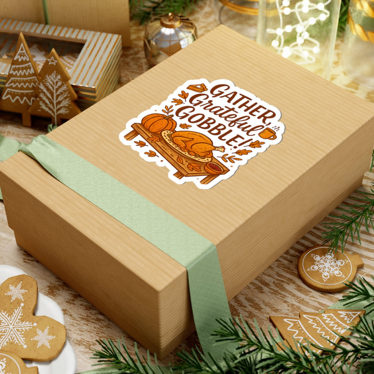 Thanksgiving 'Gather, Grateful, Gobble!' Kiss-Cut Sticker — Fall Turkey & Pumpkin Design