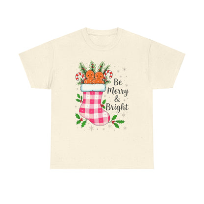 Pink Gingham Stocking Christmas Tee - Be Merry & Bright