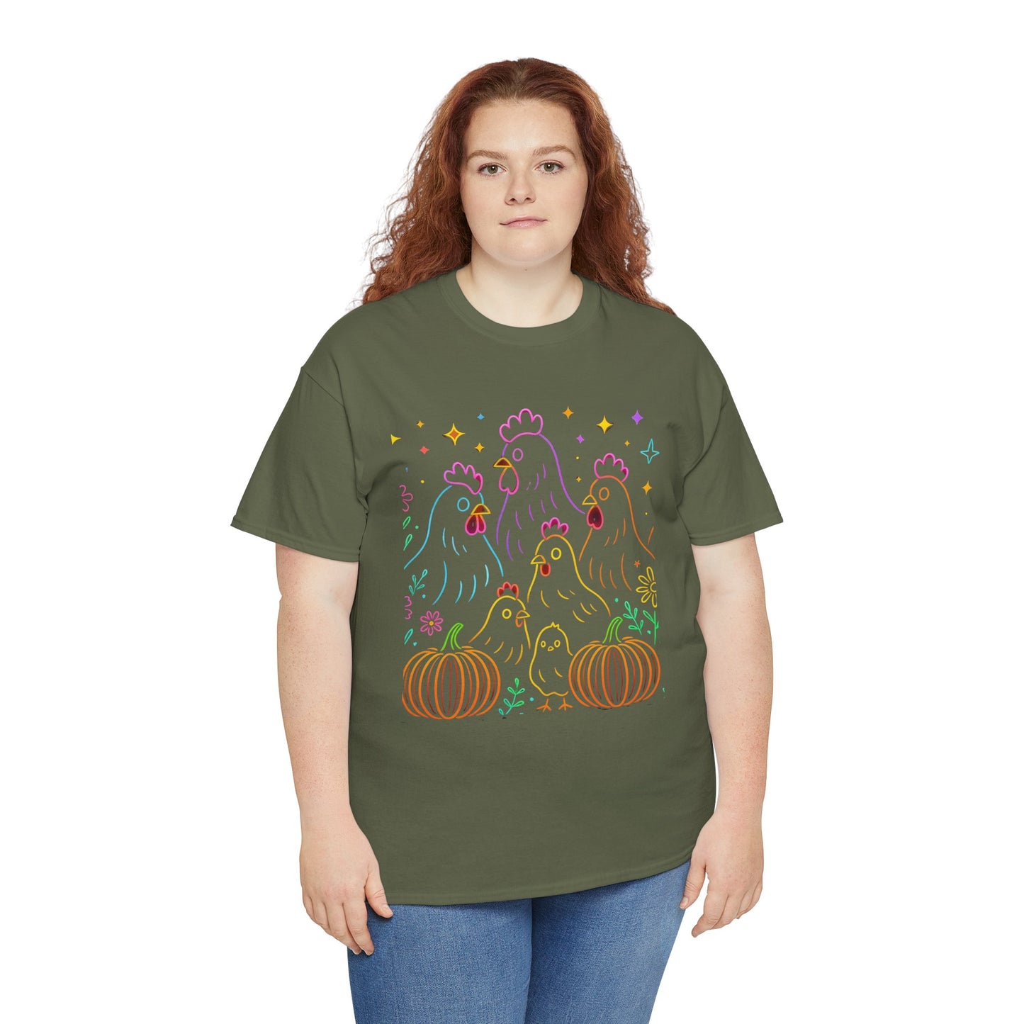 🌻 Autumn Chickens & Pumpkins Tee – Colorful Farm Harvest Shirt
