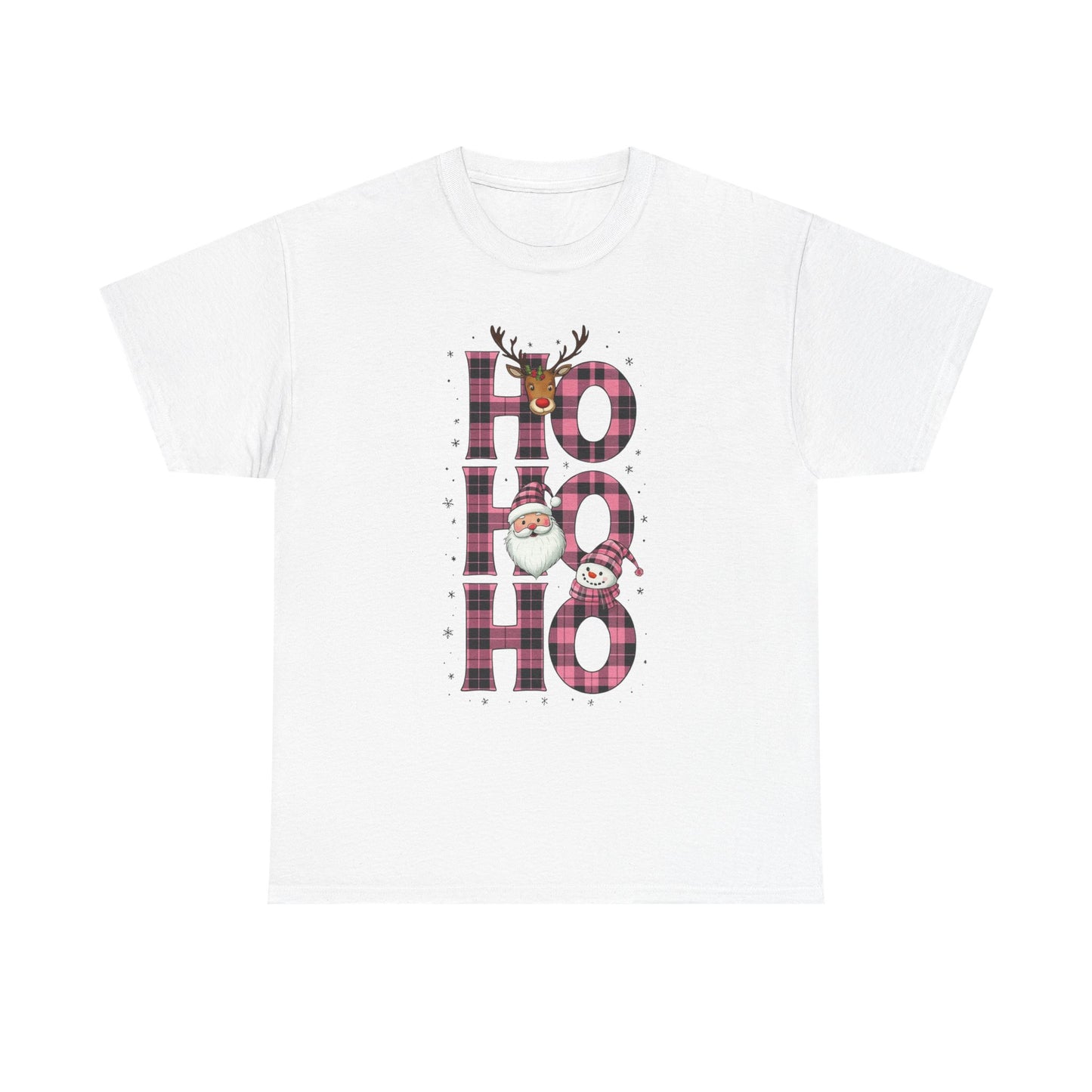 White t-shirt with 'HO HO HO' in plaid design and Christmas-themed graphics on a white background