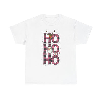 White t-shirt with 'HO HO HO' in plaid design and Christmas-themed graphics on a white background