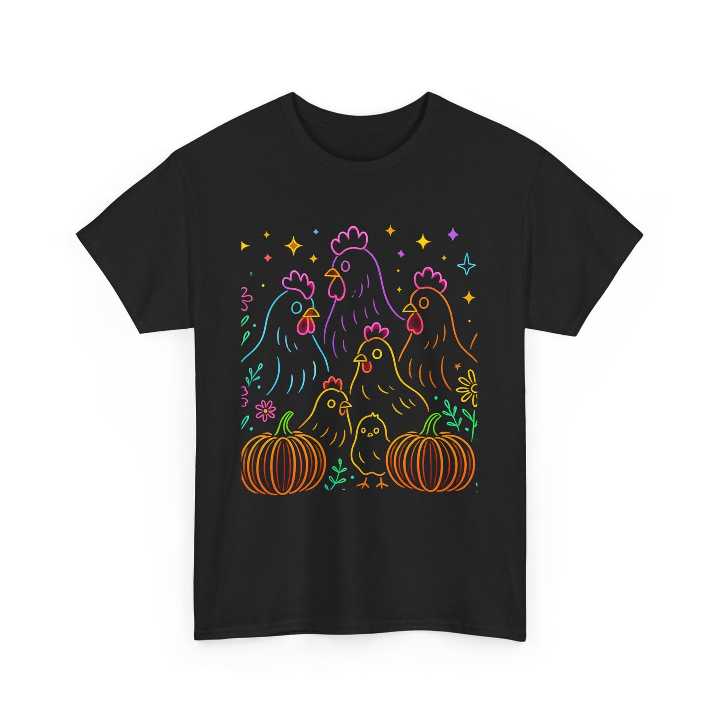 🌻 Autumn Chickens & Pumpkins Tee – Colorful Farm Harvest Shirt