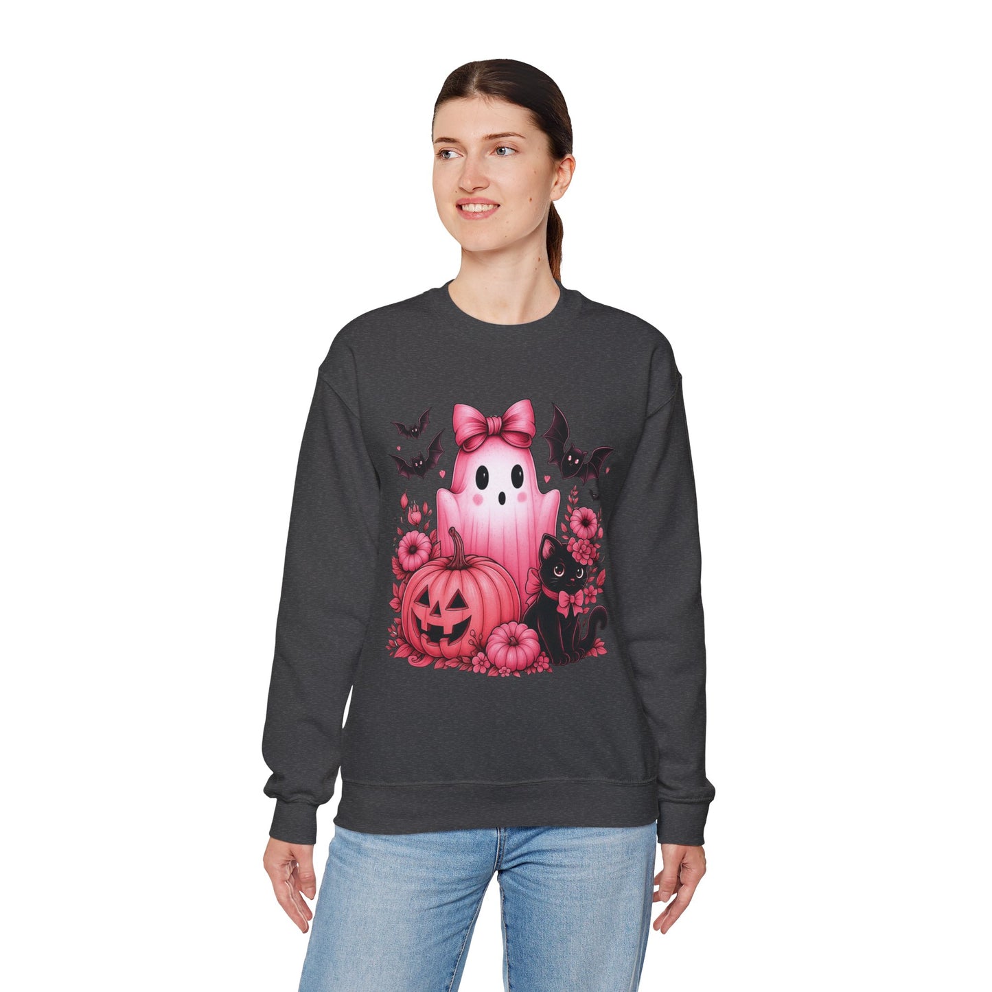Pink Ghost & Pumpkin Halloween Crewneck Sweatshirt