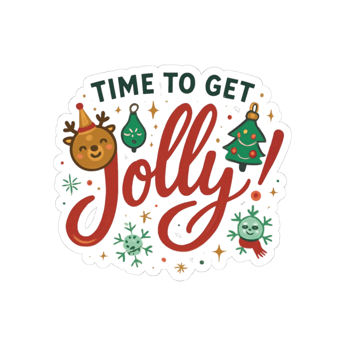 Time to Get Jolly! Christmas Kiss-Cut Sticker — Holiday Reindeer & Tree Decal