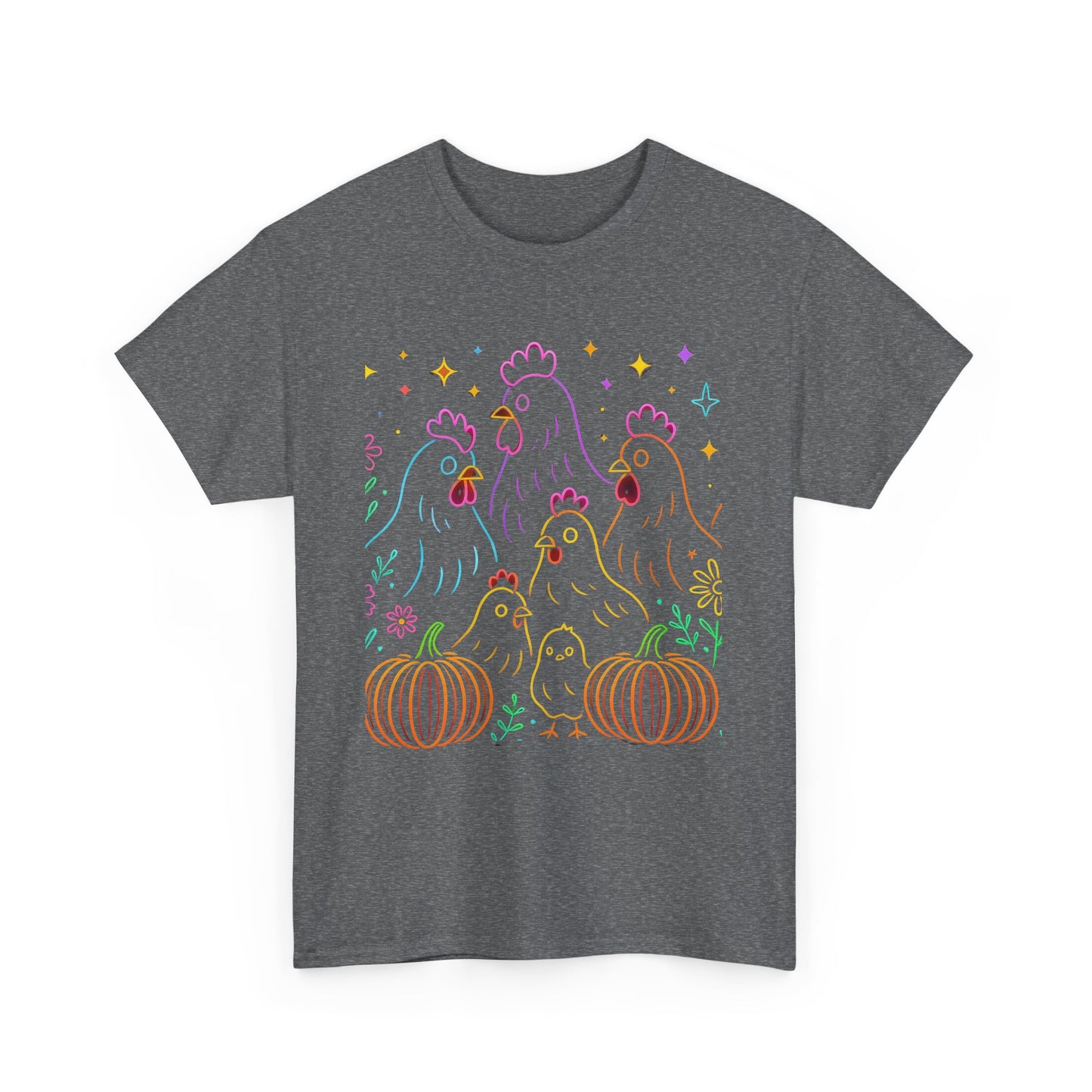 🌻 Autumn Chickens & Pumpkins Tee – Colorful Farm Harvest Shirt