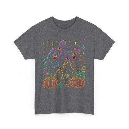 🌻 Autumn Chickens & Pumpkins Tee – Colorful Farm Harvest Shirt