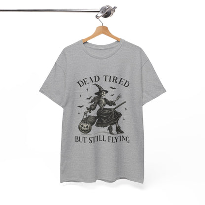Dead Tired But Flying Skeleton Witch Halloween Tee