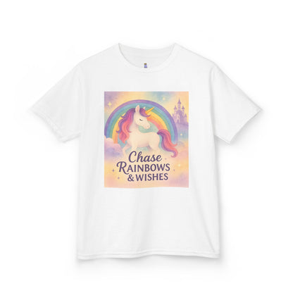 Chase Rainbows & Wishes Unicorn Kids Tee, Magical T-Shirt, Birthday Gift for Kids, Unicorn Lover Apparel, Playful Cotton Tee