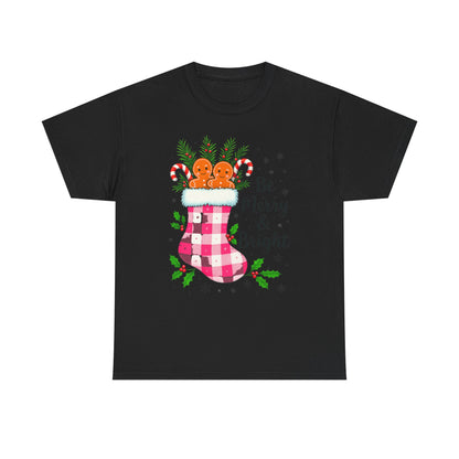 Pink Gingham Stocking Christmas Tee - Be Merry & Bright