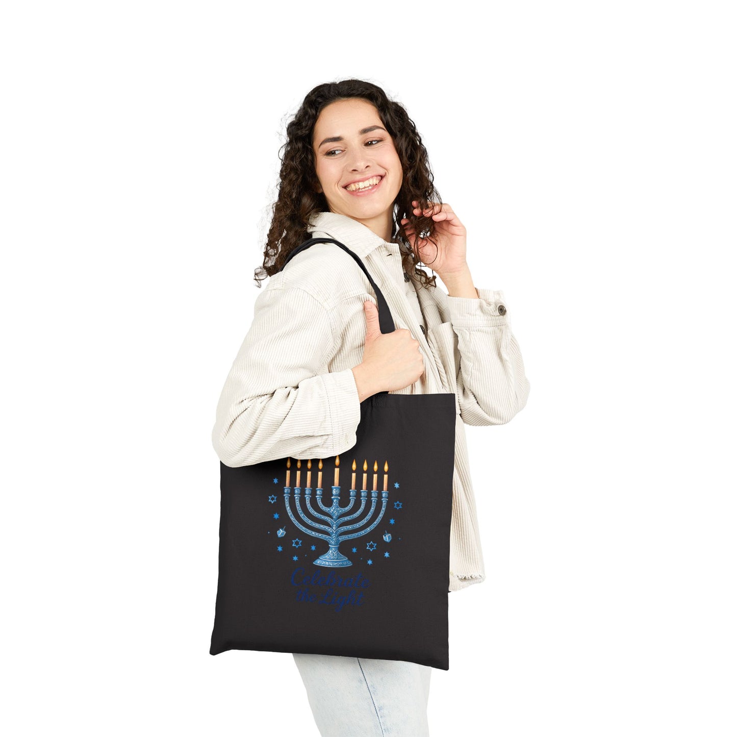 Hanukkah Menorah Tote Bag – "Celebrate the Light" Cotton Canvas Shopper