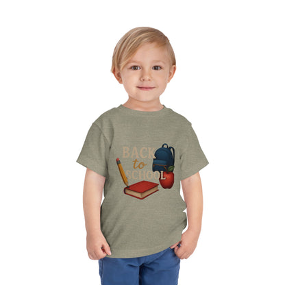 Toddler Tee Back to School Shirt with Backpack, Apple, Pencil, and Book Design