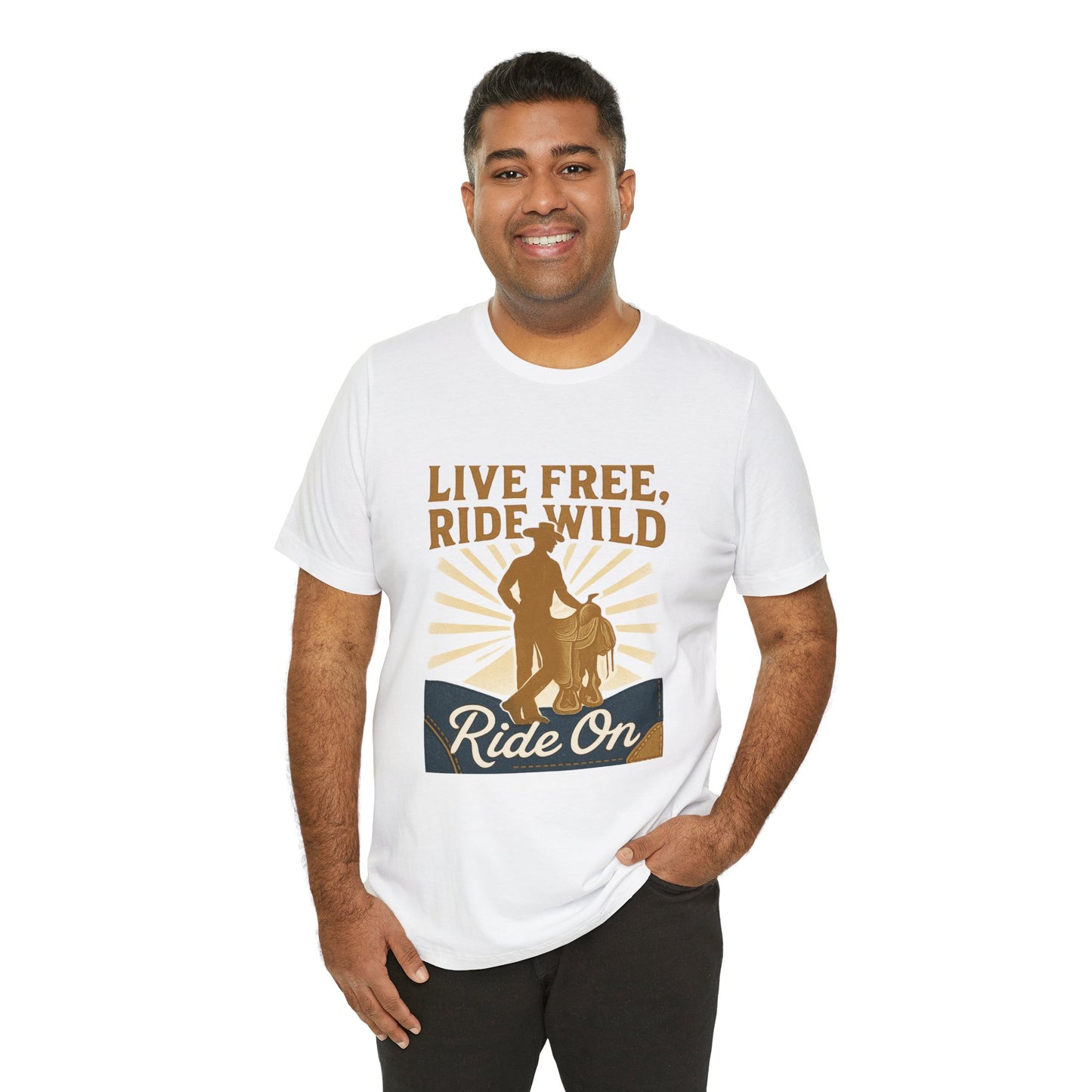 Live Free, Ride Wild Cowboy T‑Shirt — 'Ride On' Western Rodeo Graphic Tee
