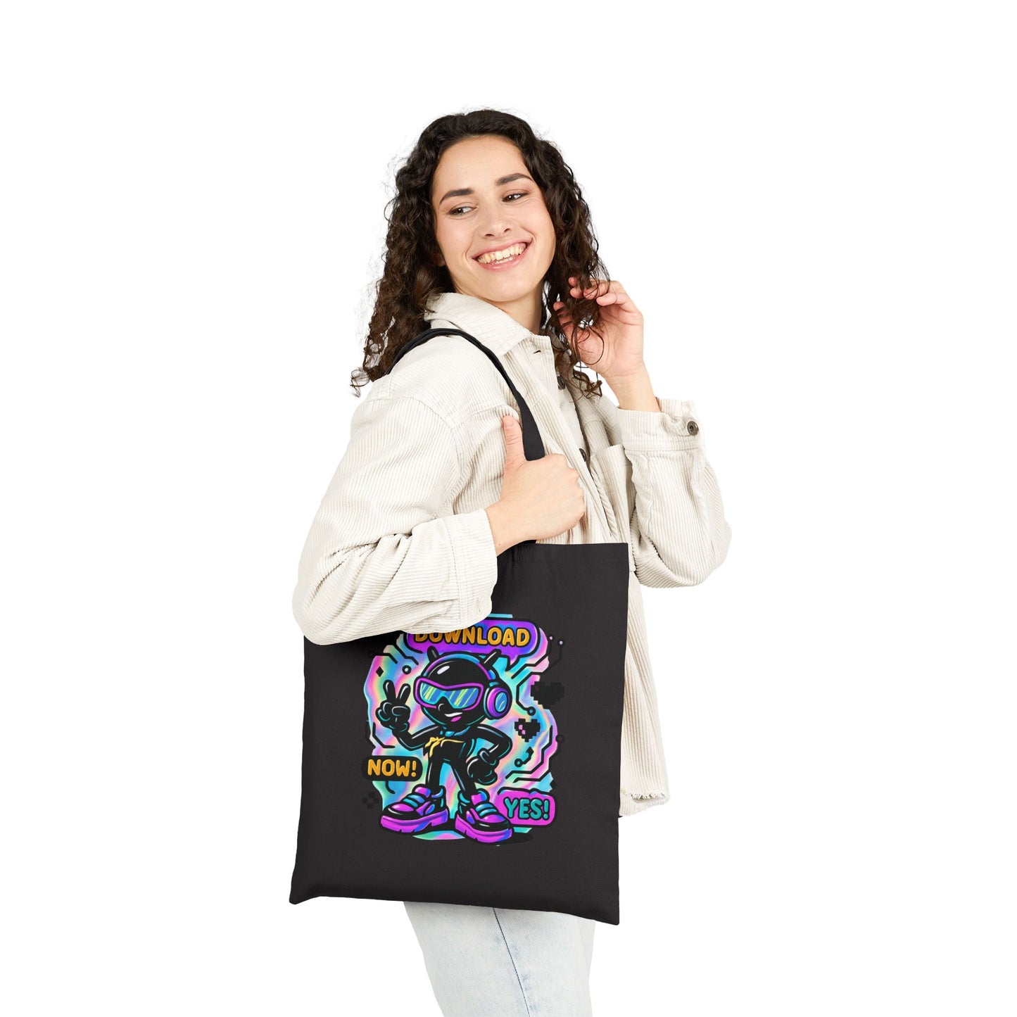 Retro Cyber Mascot Tote Bag — "Download Now! Yes!" Neon Gamer Canvas Tote