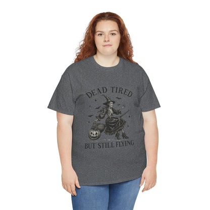 Dead Tired But Flying Skeleton Witch Halloween Tee
