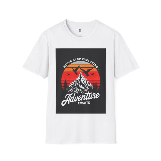 Adventure Awaits T-Shirt | Unisex Softstyle Tee | Perfect for Travel Lovers, Outdoor Adventures, Camping, Nature Gifts, Explore
