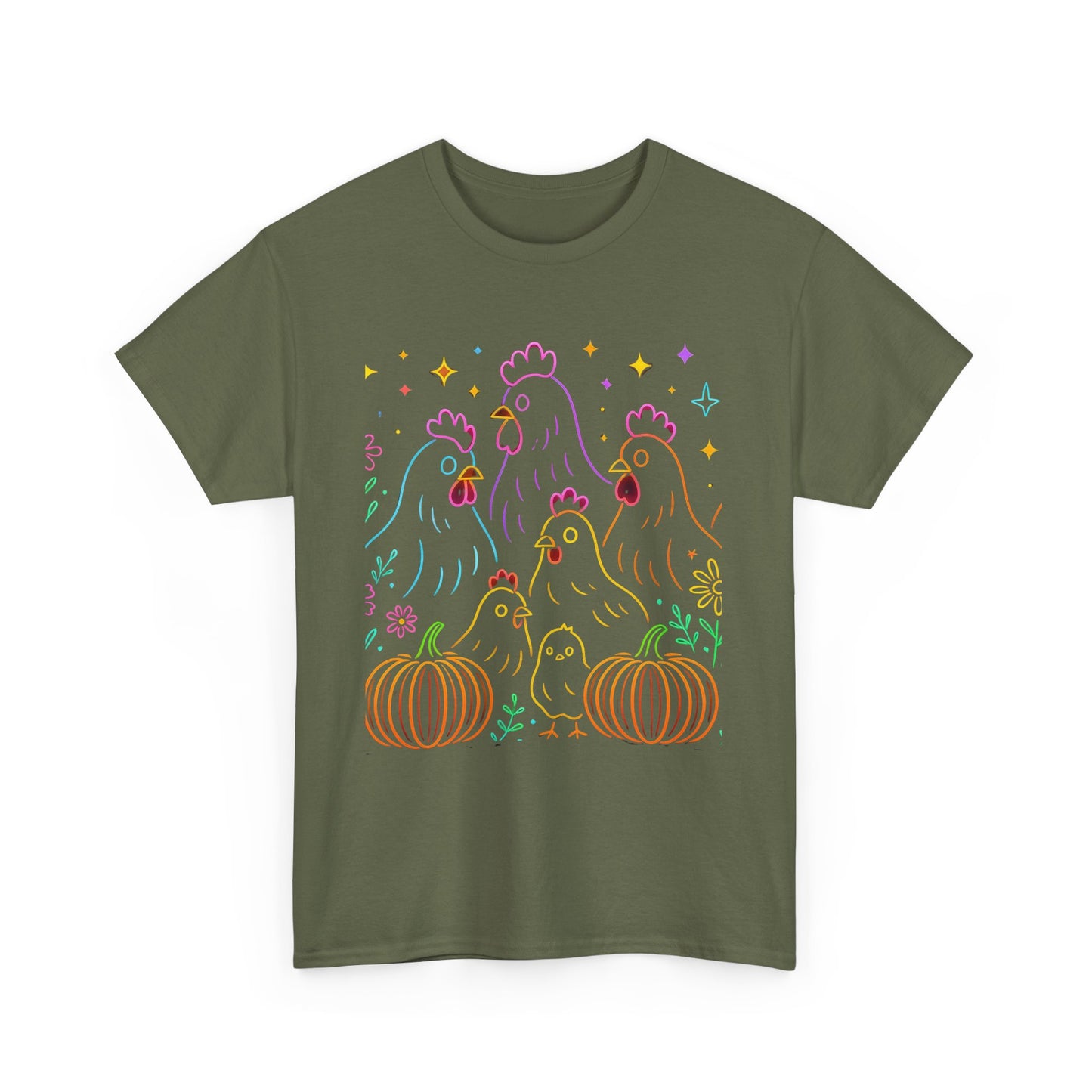 🌻 Autumn Chickens & Pumpkins Tee – Colorful Farm Harvest Shirt