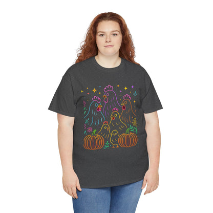 🌻 Autumn Chickens & Pumpkins Tee – Colorful Farm Harvest Shirt
