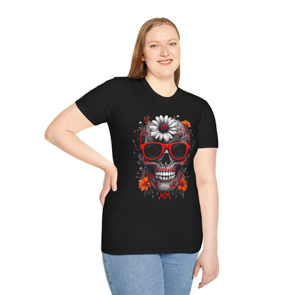 Skull & Flower Graphic T-Shirt, Unisex Casual Tee, Edgy Fashion Wear, Festival Outfit, Gift for Halloween & Day of the Dead