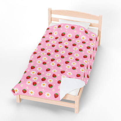 Cozy Strawberry Floral Blanket | Soft Plush Throw, Nursery Decor, Gift for Kids, Spring Home Accents, Cute Couch Cover