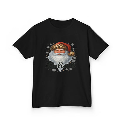 Leopard Print Santa 'Believe' Kids Christmas Tee
