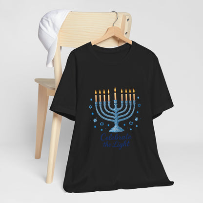 Hanukkah Menorah Tee — "Celebrate the Light" Holiday T‑Shirt