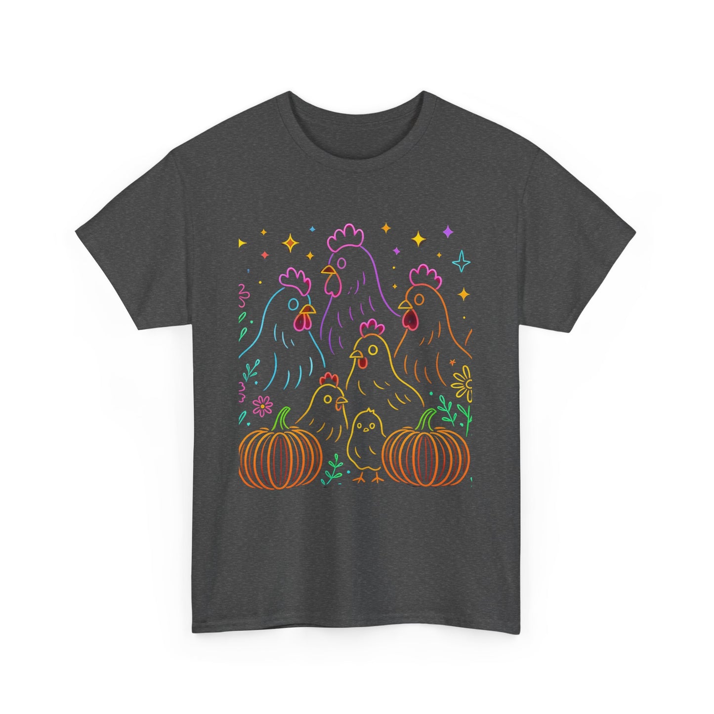 🌻 Autumn Chickens & Pumpkins Tee – Colorful Farm Harvest Shirt