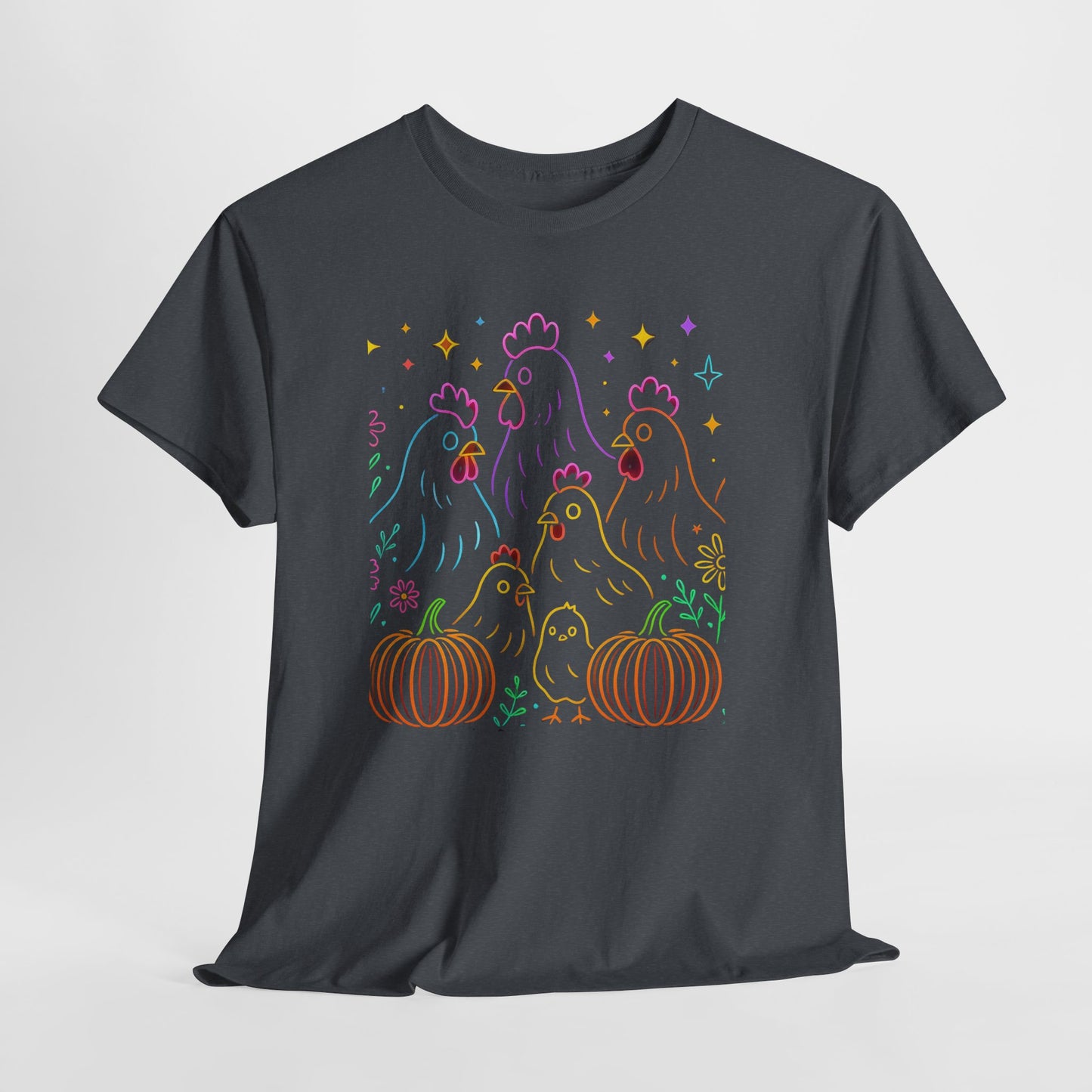 🌻 Autumn Chickens & Pumpkins Tee – Colorful Farm Harvest Shirt
