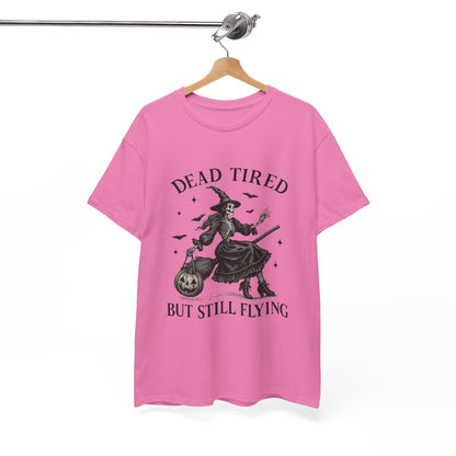 Dead Tired But Flying Skeleton Witch Halloween Tee