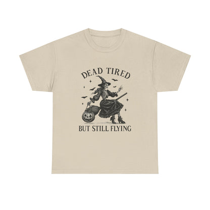 Dead Tired But Flying Skeleton Witch Halloween Tee