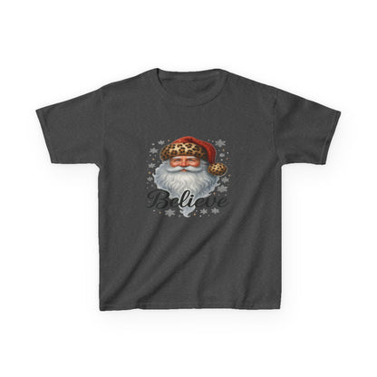 Leopard Print Santa 'Believe' Kids Christmas Tee