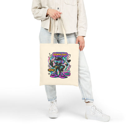 Retro Cyber Mascot Tote Bag — "Download Now! Yes!" Neon Gamer Canvas Tote