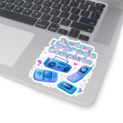 Retro Tech Kiss-Cut Sticker – "System Upgrade Complete" Vaporwave Gaming Laptop Decal