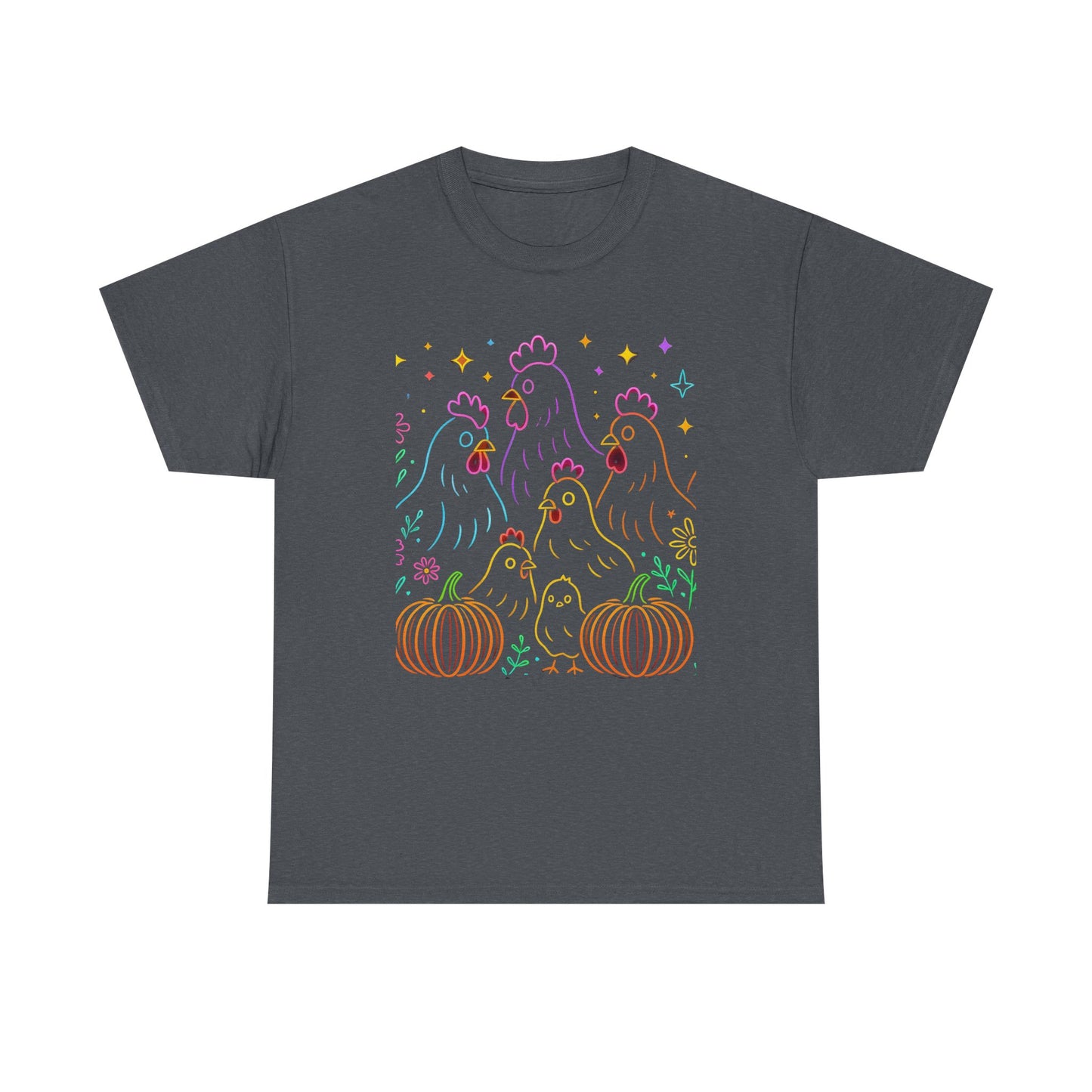 🌻 Autumn Chickens & Pumpkins Tee – Colorful Farm Harvest Shirt