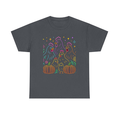 🌻 Autumn Chickens & Pumpkins Tee – Colorful Farm Harvest Shirt