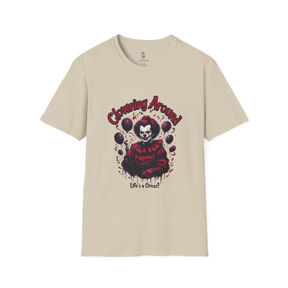 Creepy Clown Graphic Tee, Unisex Softstyle T-Shirt, Halloween Costume, Spooky Shirt, Eerie Apparel, Perfect for Horror Lovers