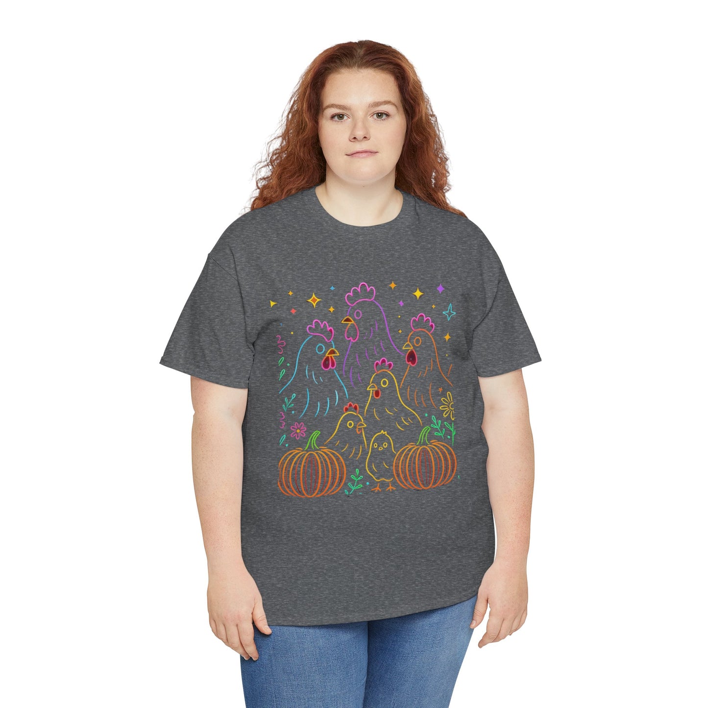 🌻 Autumn Chickens & Pumpkins Tee – Colorful Farm Harvest Shirt