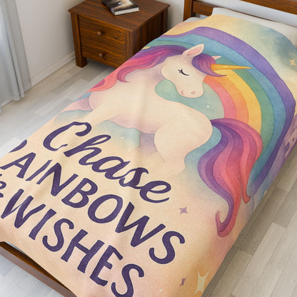 Unicorn Rainbow Plush Blanket, Cozy Kids Blanket, Soft Velveteen Throw, Magical Nursery Decor, Chase Rainbows & Wishes