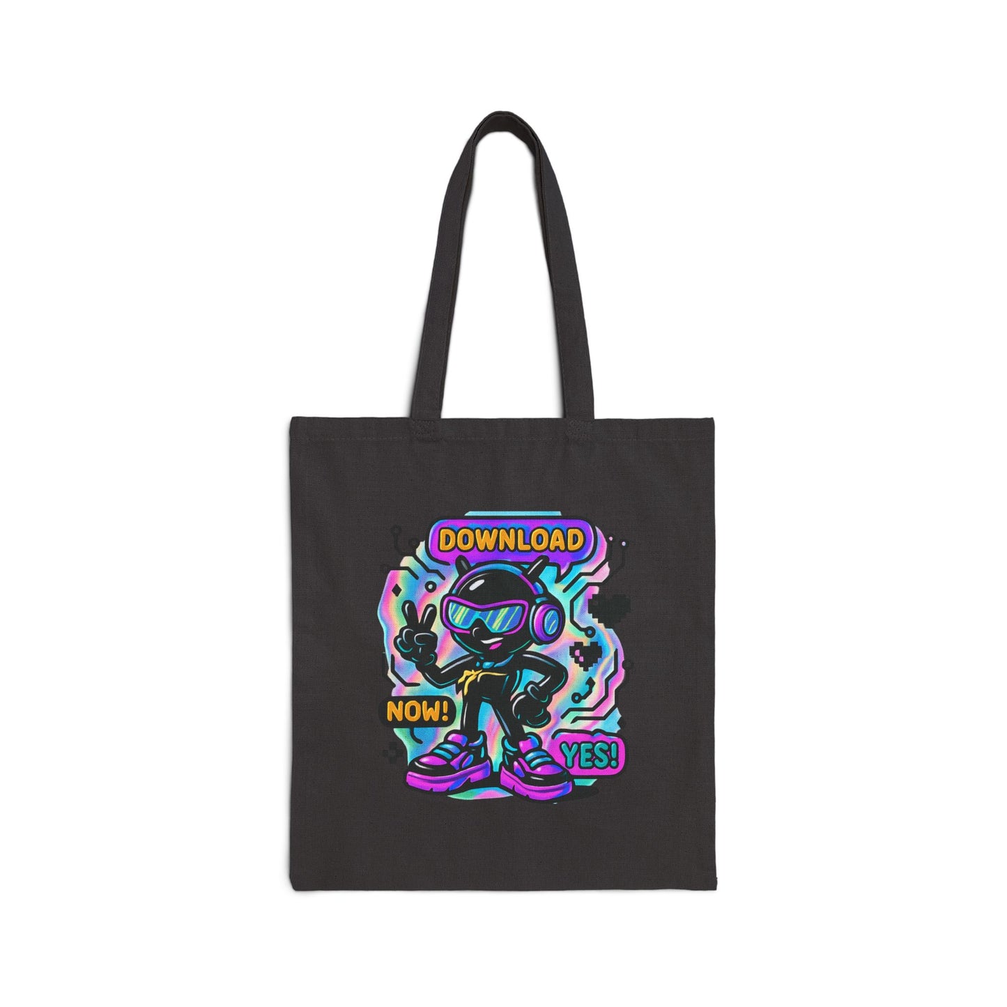 Retro Cyber Mascot Tote Bag — "Download Now! Yes!" Neon Gamer Canvas Tote