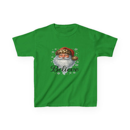 Leopard Print Santa 'Believe' Kids Christmas Tee