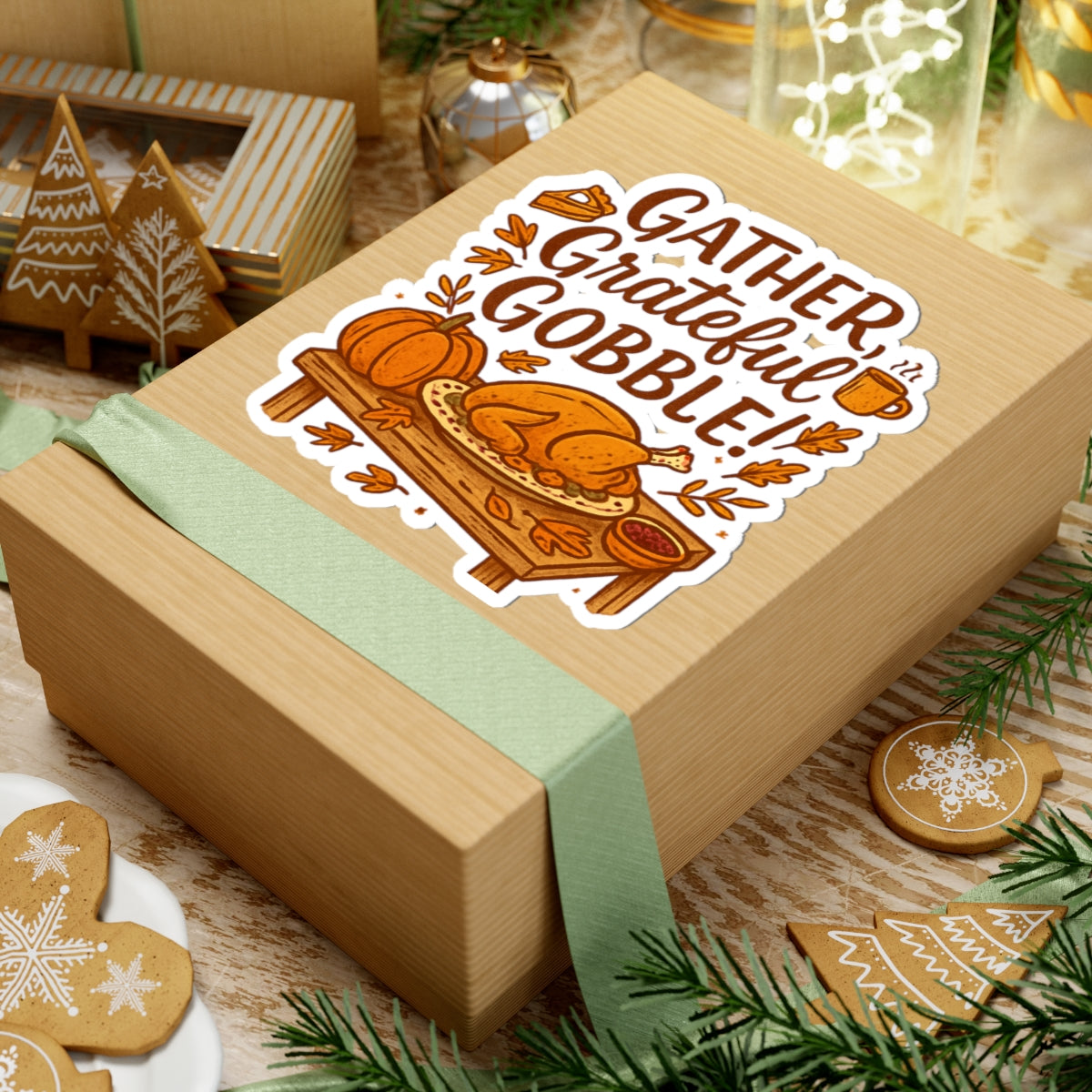 Thanksgiving 'Gather, Grateful, Gobble!' Kiss-Cut Sticker — Fall Turkey & Pumpkin Design