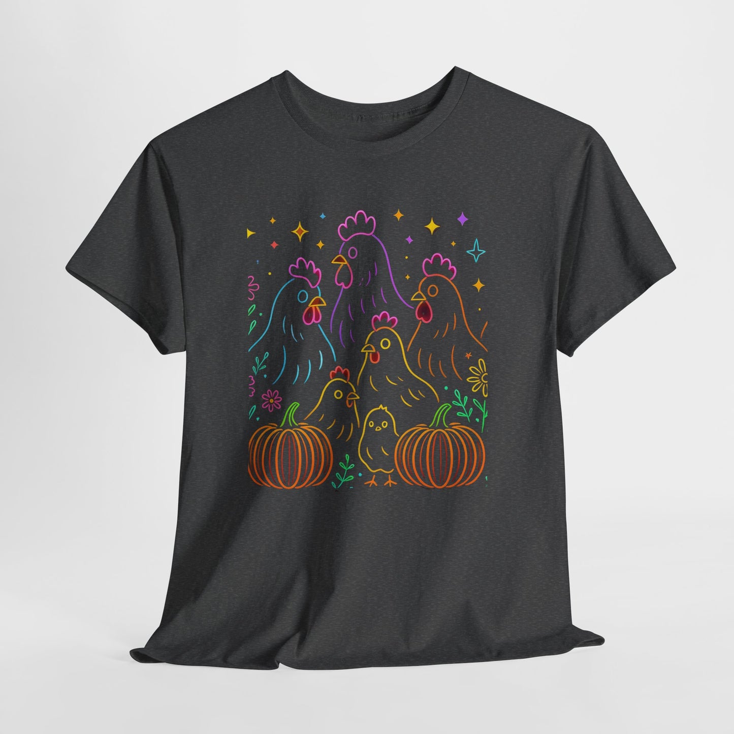 🌻 Autumn Chickens & Pumpkins Tee – Colorful Farm Harvest Shirt