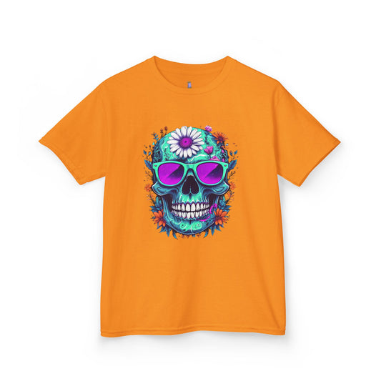 Vibrant Skull Youth Tee, Colorful T-Shirt for Festivals, Birthday Gift, Summer Wear, Unique Graphic Tee