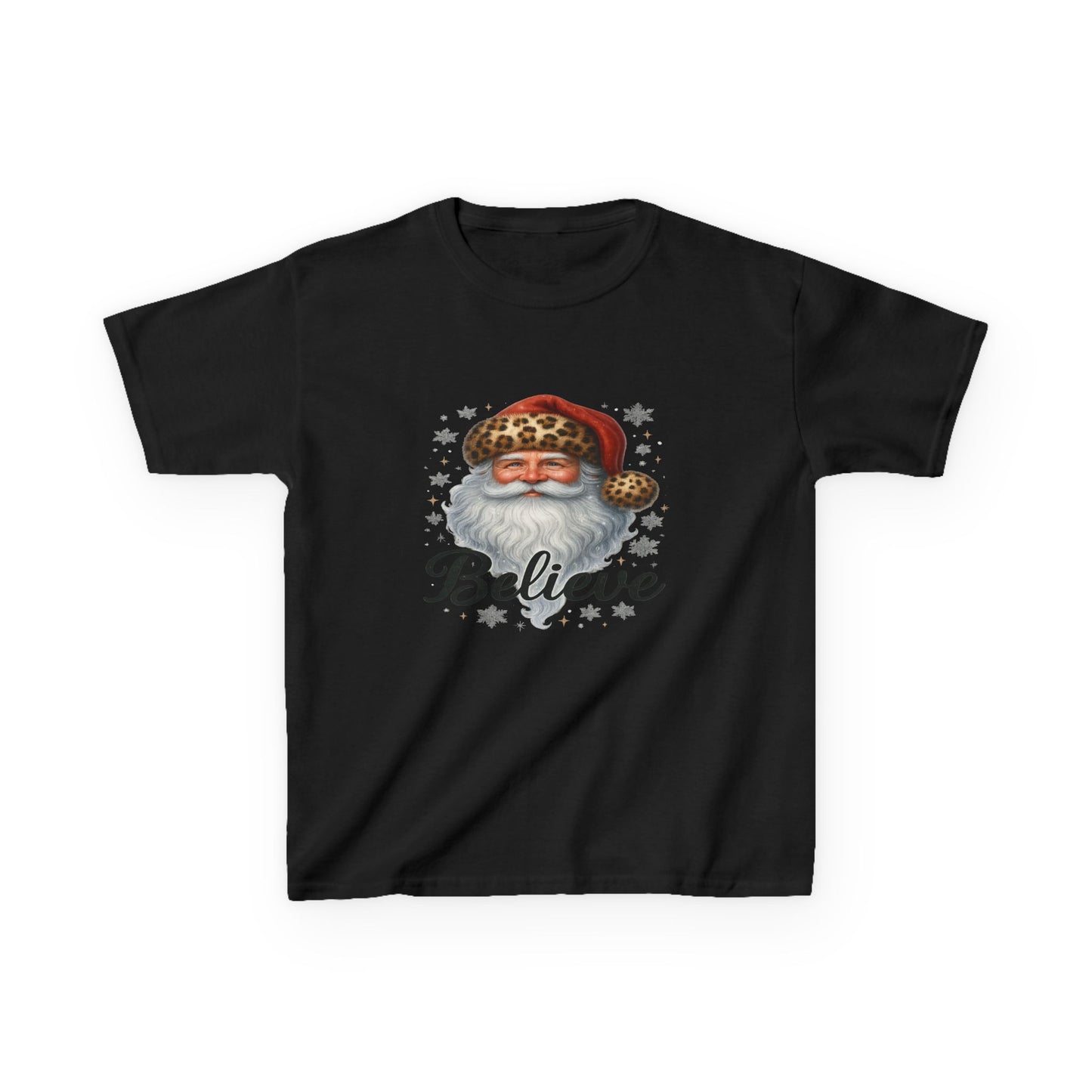 Leopard Print Santa 'Believe' Kids Christmas Tee