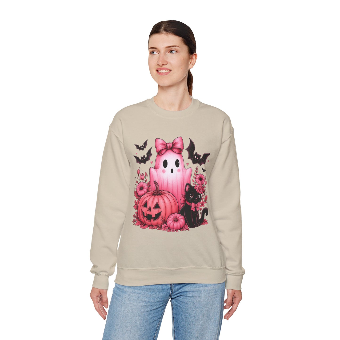 Pink Ghost & Pumpkin Halloween Crewneck Sweatshirt