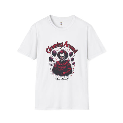 Creepy Clown Graphic Tee, Unisex Softstyle T-Shirt, Halloween Costume, Spooky Shirt, Eerie Apparel, Perfect for Horror Lovers