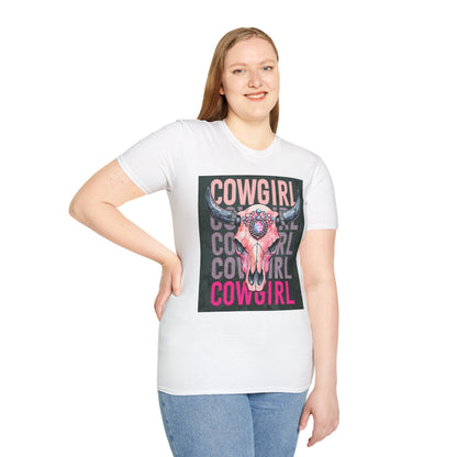 Cowgirl Skull Graphic T-Shirt, Western Fashion Tee, Unisex Cowboy Shirt, Boho Style Wear, Gift for Cowgirls, Casual Outing Top